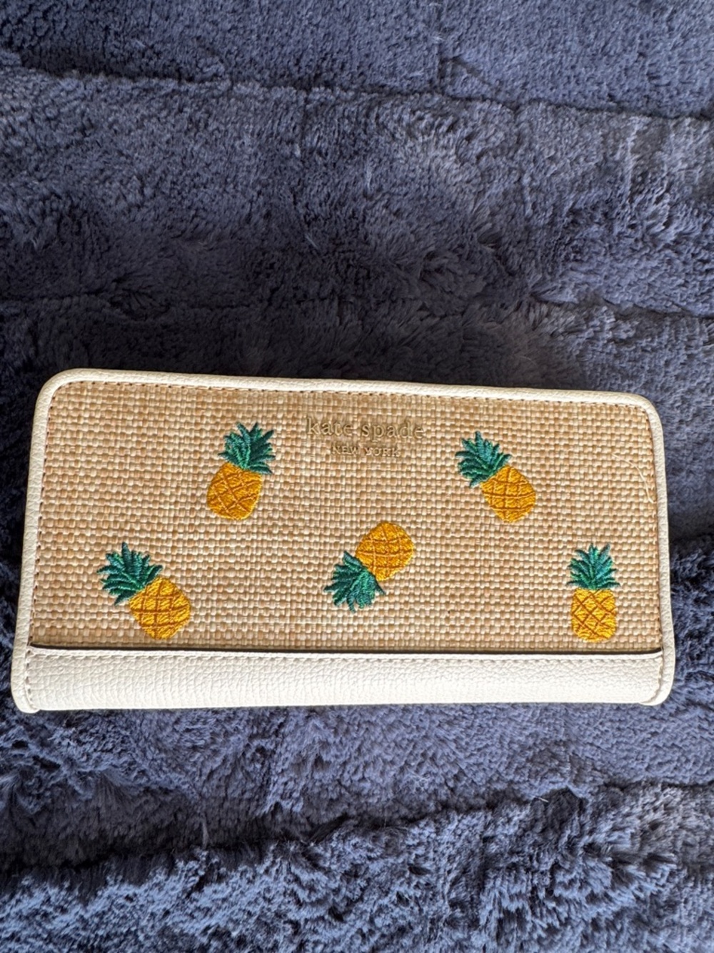 kate spade Straw Wallet with Yellow Pineapple Embroidery and White Trim